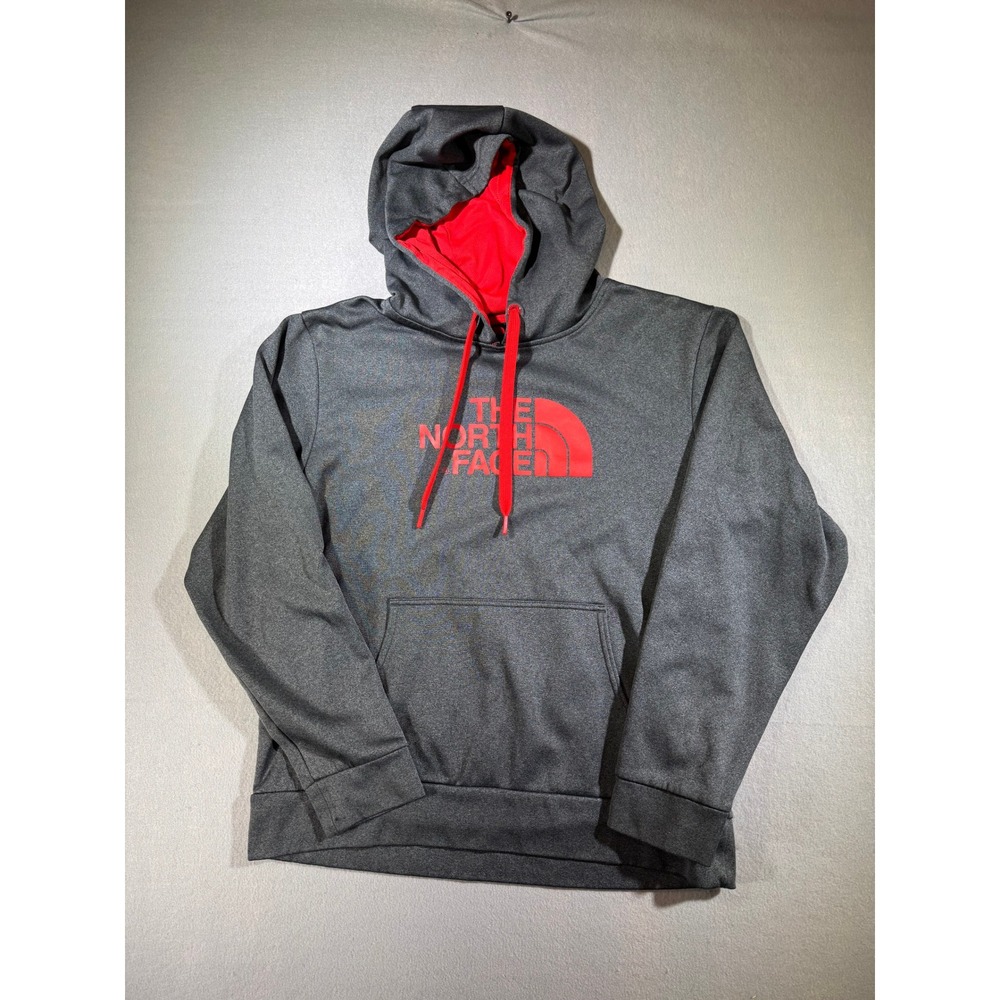The North Face Men's Medium Gray Red Fleece Pullover Hoodie Performance Logo